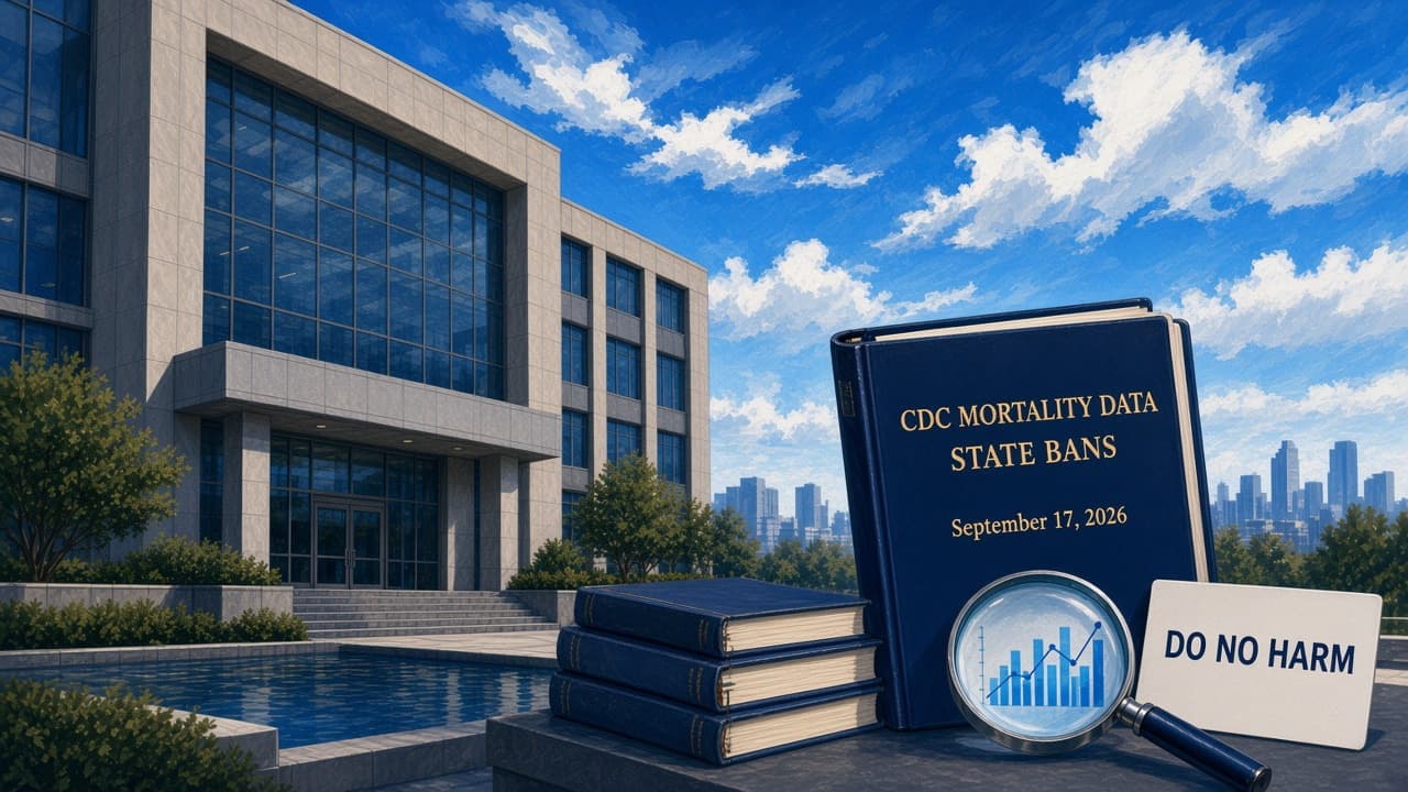 Editorial illustration of journals and a CDC mortality-data report binder