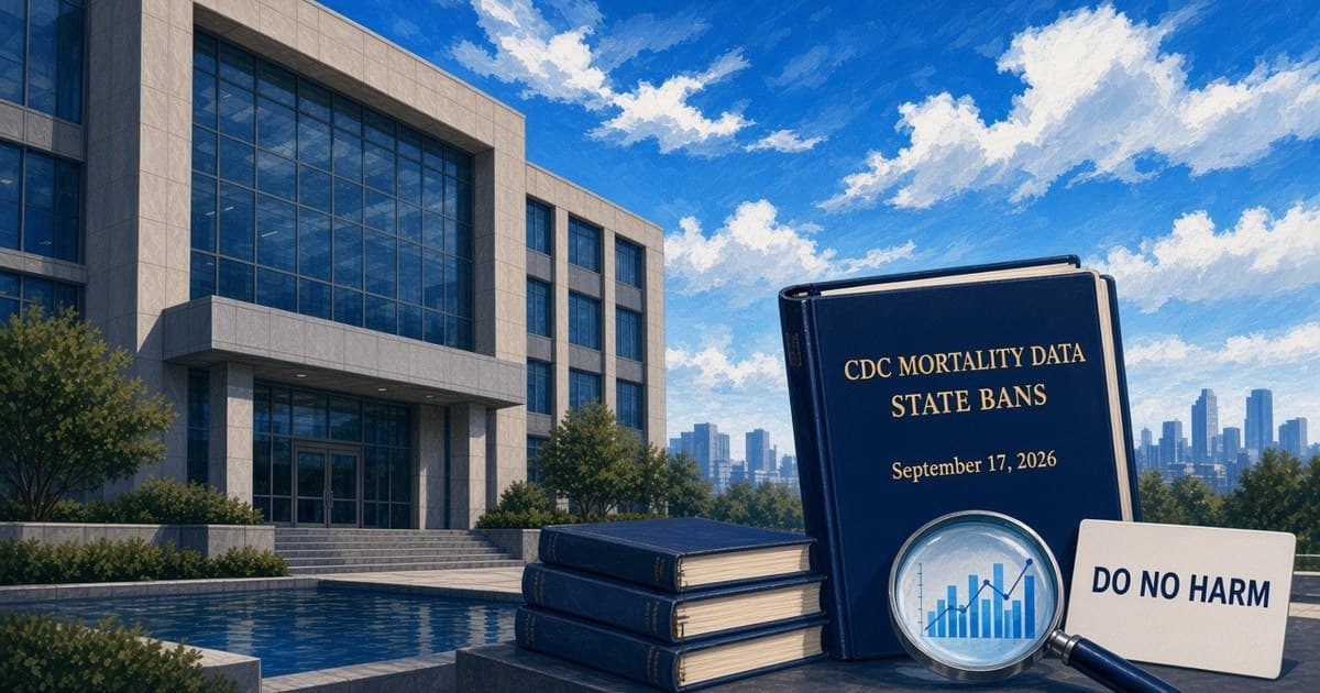 Editorial illustration of journals and a CDC mortality-data report binder