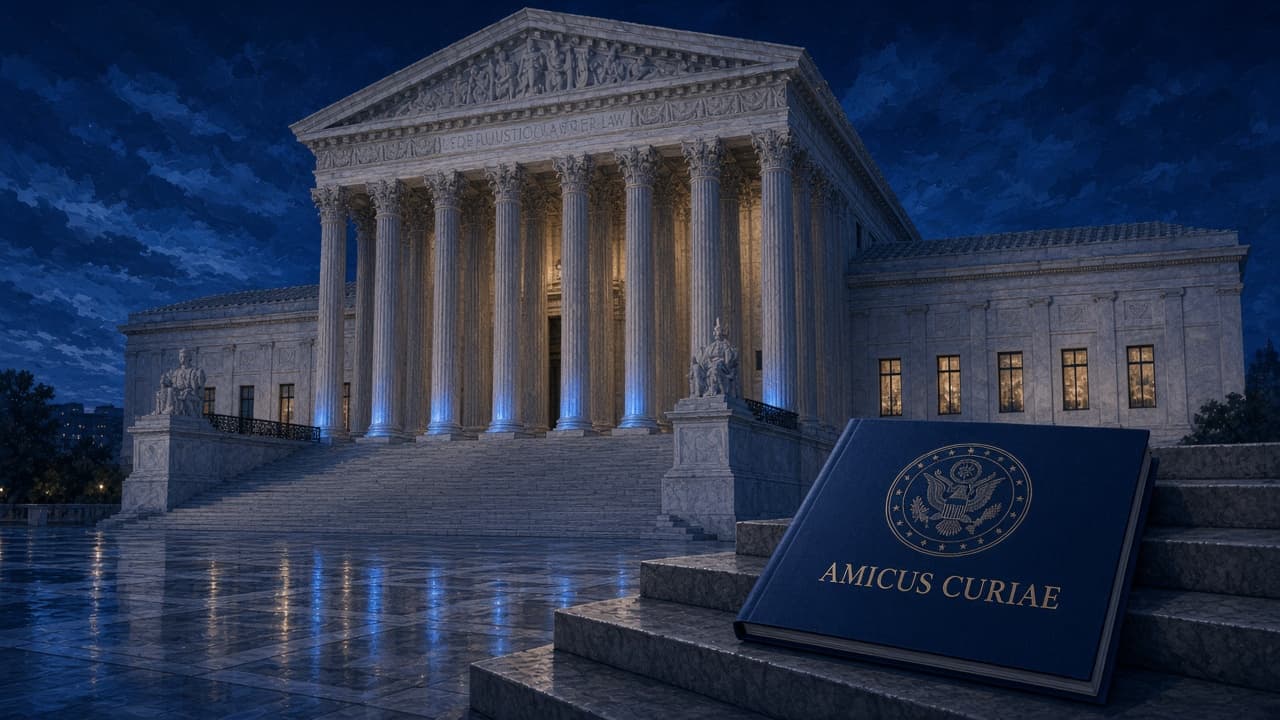 Editorial illustration of the Supreme Court at night and a navy amicus brief