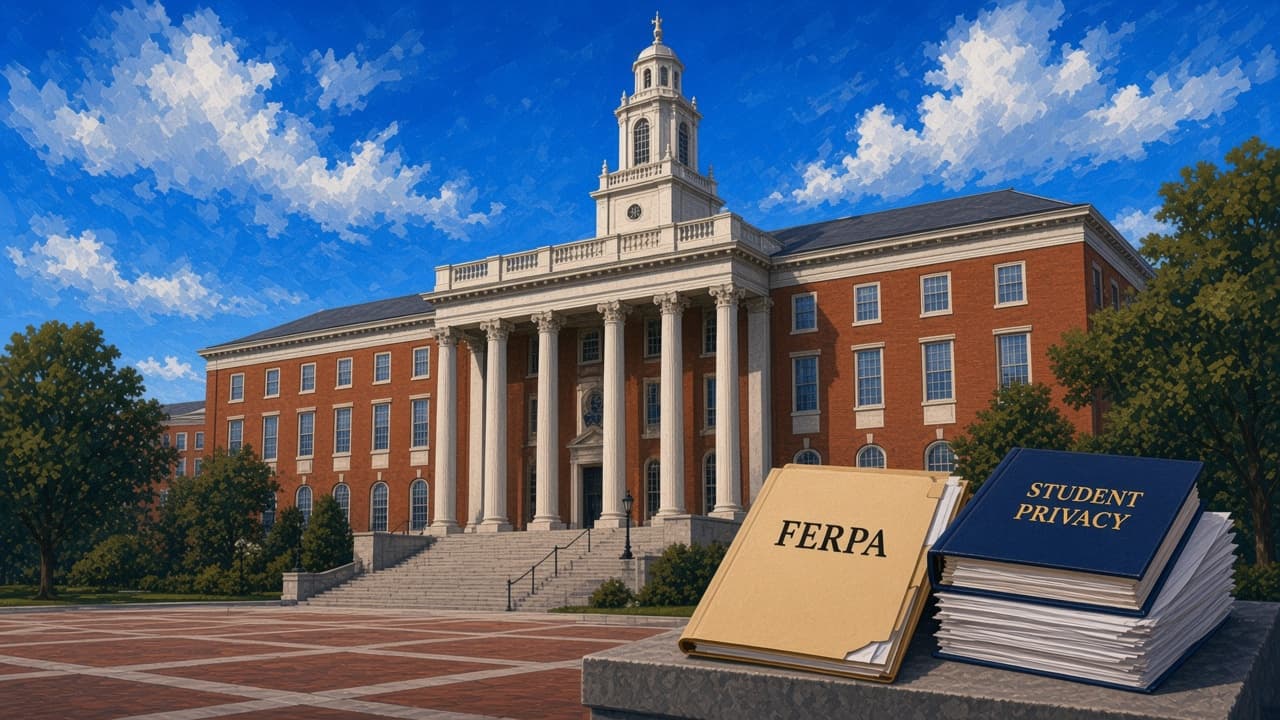 Editorial illustration of a New England public school and FERPA student-privacy case files