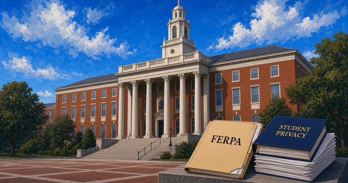 Editorial illustration of a New England public school and FERPA student-privacy case files