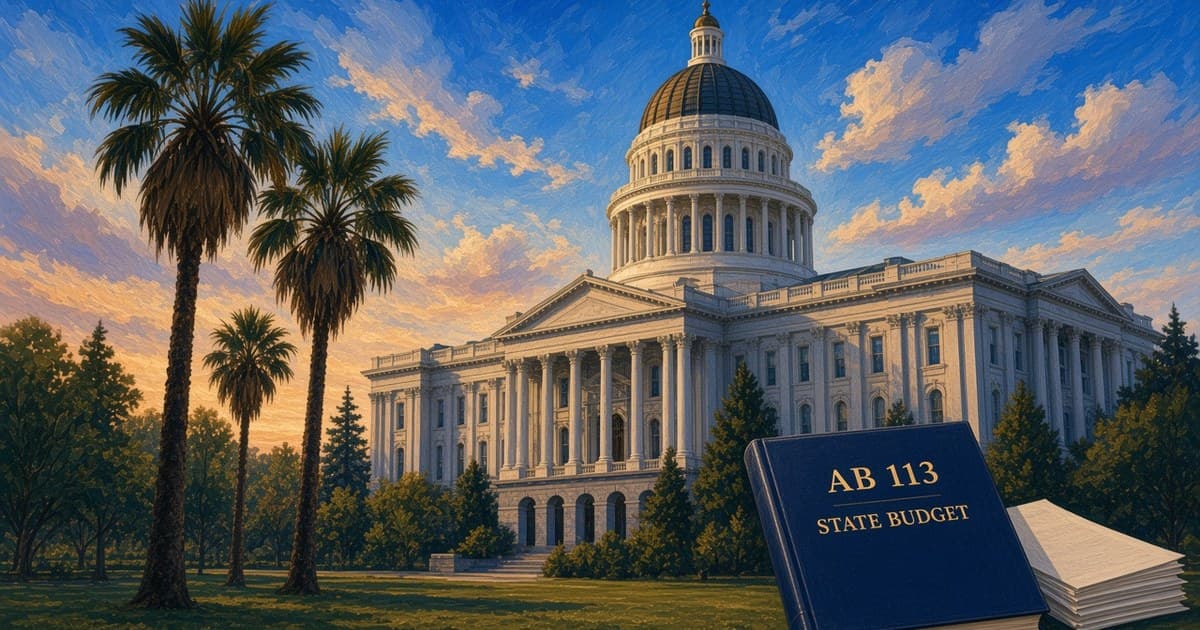 Editorial illustration of the California State Capitol and an AB 113 state-budget book