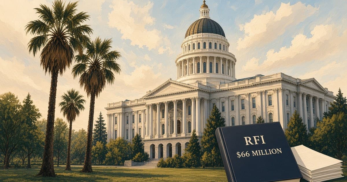 Editorial illustration of the California State Capitol and a sealed RFI dossier for $66 million