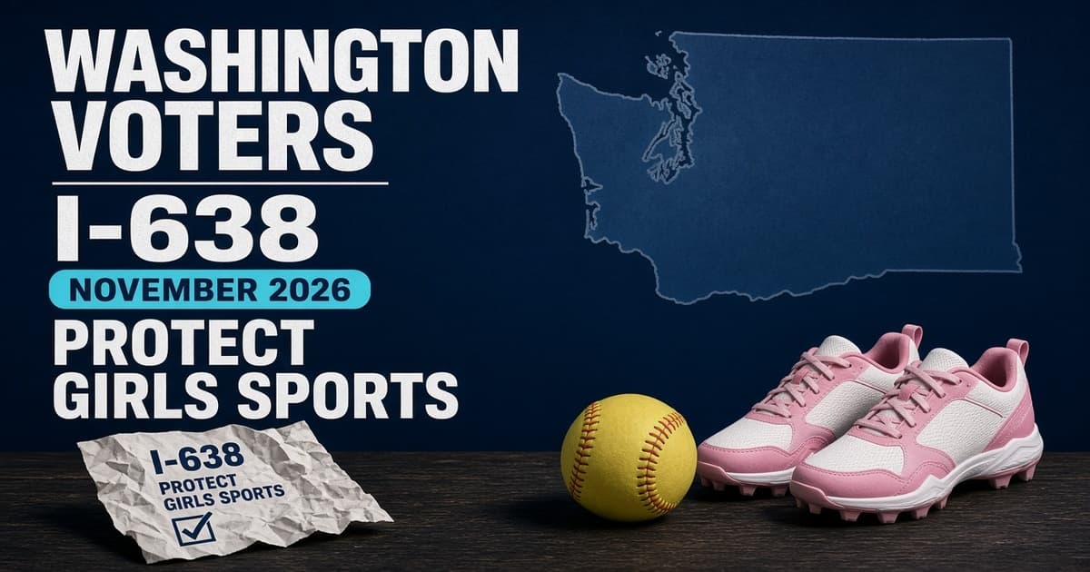 Navy card reading Protect girls sports, with matching white-and-pink cleats, a ballot box, and a softball