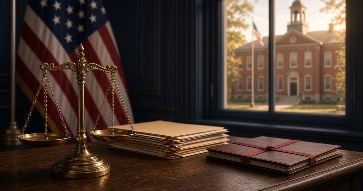 Brass scales of justice on a desk, an American flag, and a brick schoolhouse seen through a window