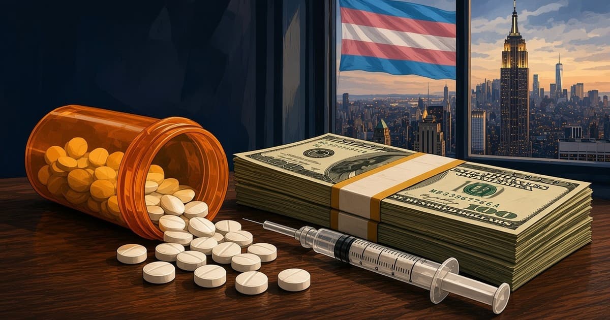 Illustration of a pill bottle, cash, and a syringe on a desk, with the New York skyline and a light-blue, pink, and white flag outside the window