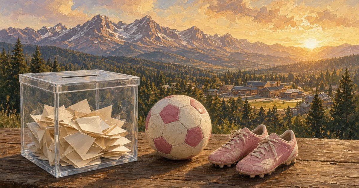 Illustration of a clear ballot box full of ballots, a pink-and-white soccer ball, and pink girls’ cleats on a wooden table, with a mountain town and the Rocky Mountains at sunrise behind them
