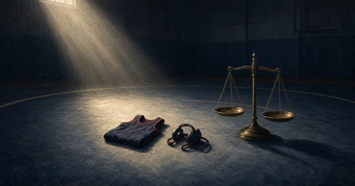 Painterly illustration of an empty wrestling mat in a dim gym with a folded girls' singlet, headgear, and a brass scales of justice in a shaft of light