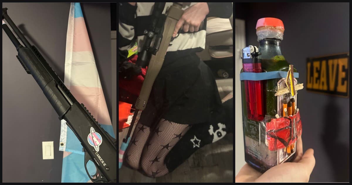 Photos from the FBI complaint: a Canuck shotgun with a transgender-flag sticker in front of a transgender pride flag, a rifle with its barrel wrapped in trans-flag colors, and the firebomb the FBI says was used inside the school