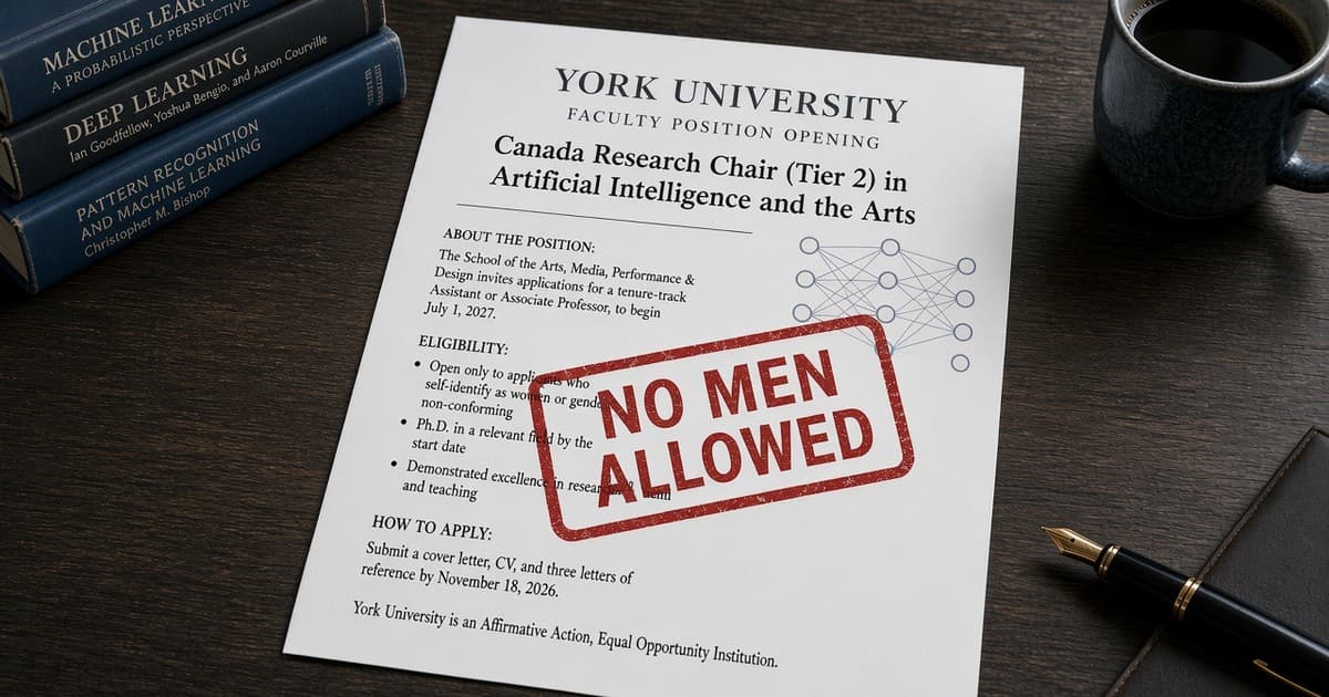 Mock York University faculty job posting for a Canada Research Chair in Artificial Intelligence, stamped NO MEN ALLOWED in red