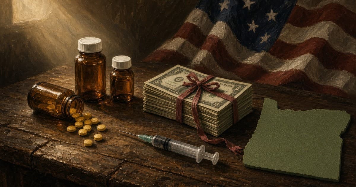 Painted still life of pill bottles, a syringe and a ribbon-tied stack of dollars on a desk before an American flag