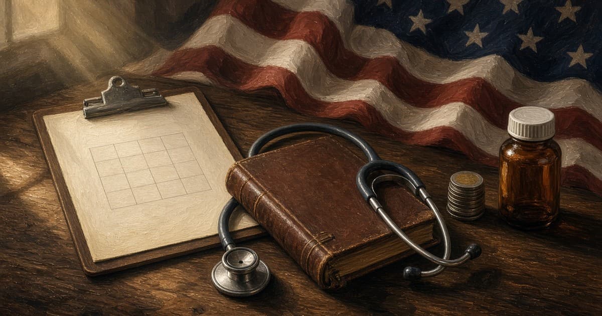 Painted still life of a medical clipboard, ledger, stethoscope, coins and a pill bottle before an American flag