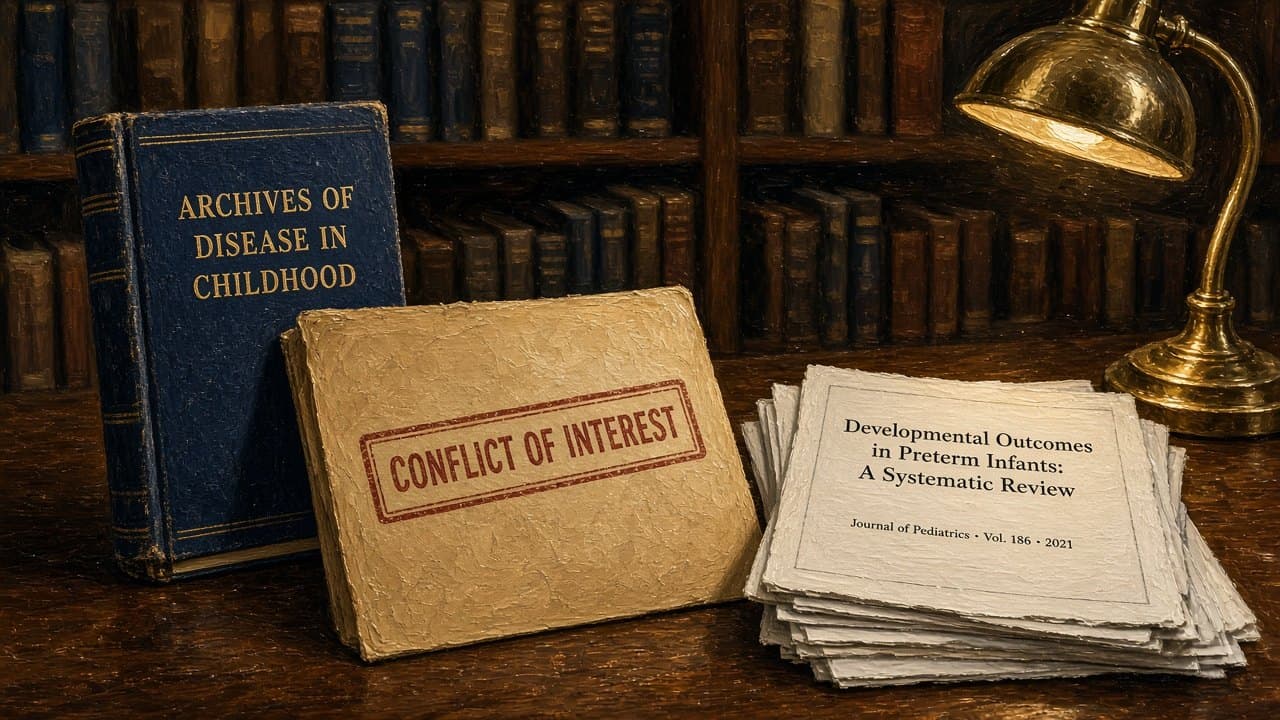Editorial illustration of an Archives of Disease in Childhood volume, a conflict-of-interest stamp, and a journal stack
