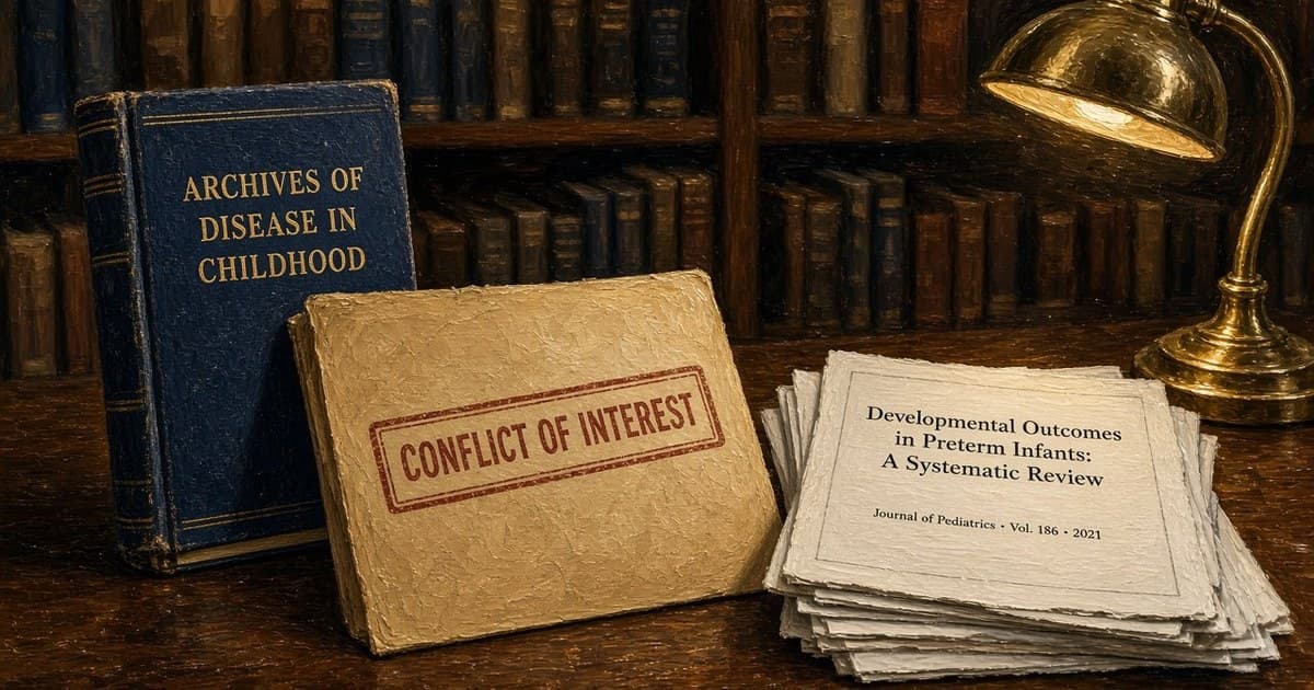 Editorial illustration of an Archives of Disease in Childhood volume, a conflict-of-interest stamp, and a journal stack