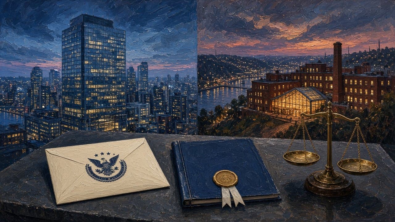 Editorial illustration of a courthouse at night, two sealed settlement folders, and a hospital wing