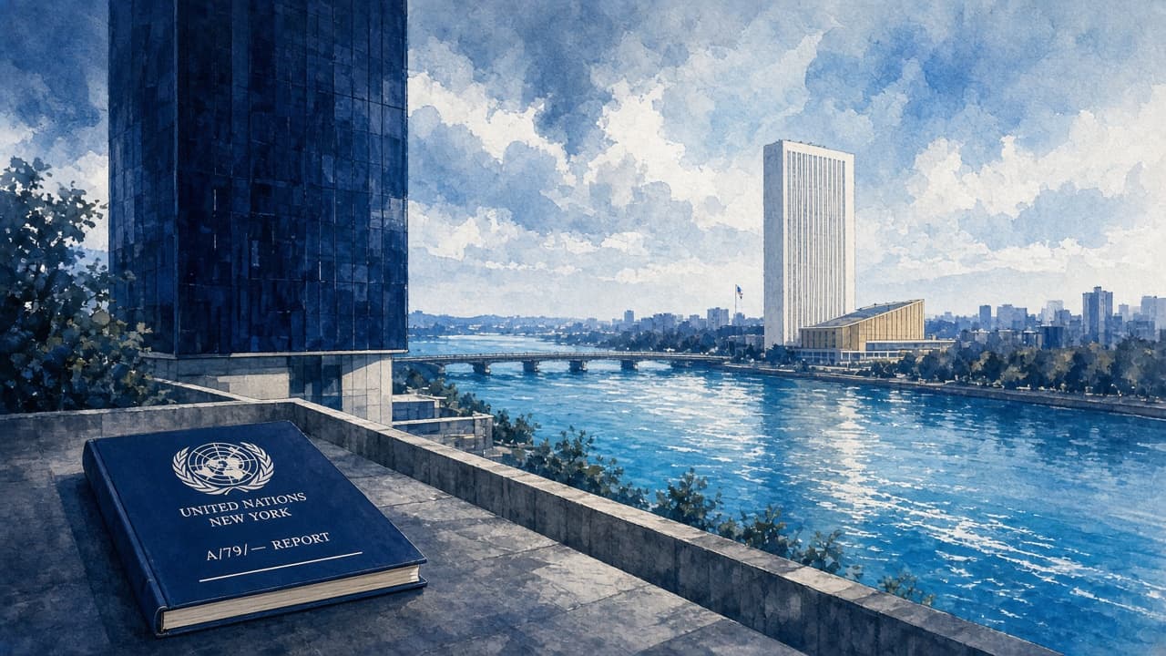 Editorial illustration of United Nations headquarters along the river