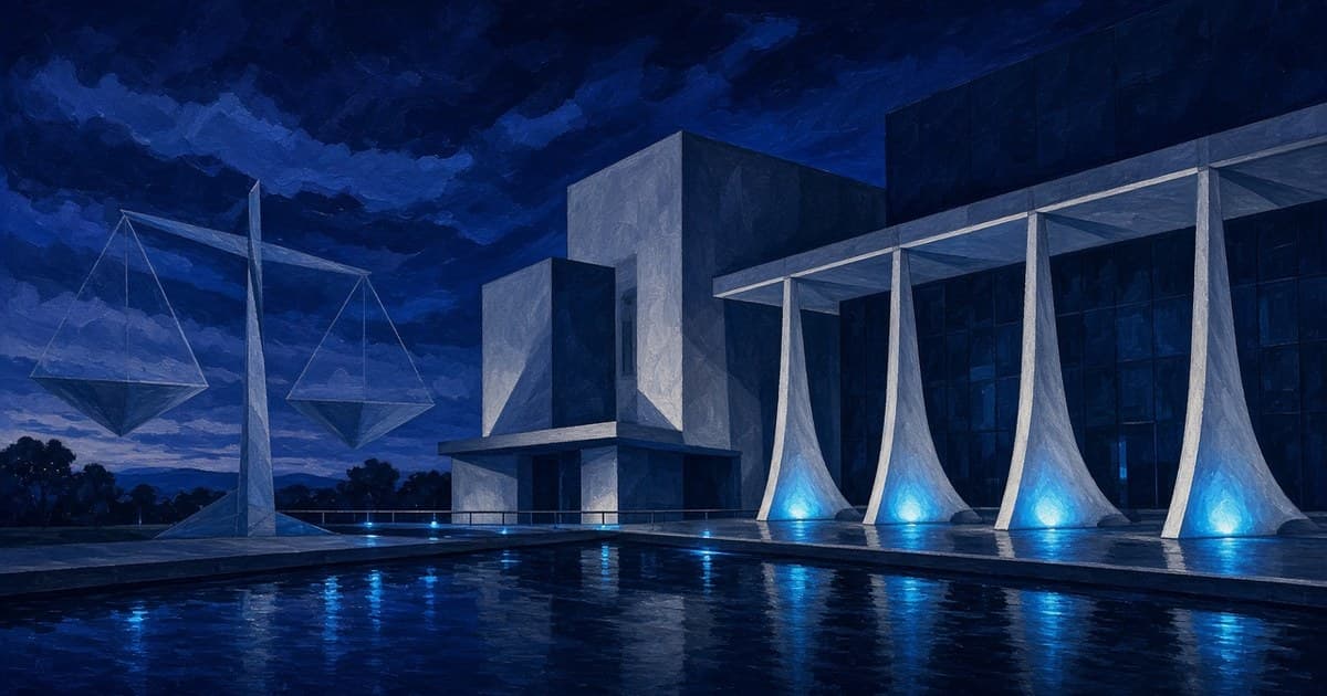 Editorial illustration of Brazil’s Supremo Tribunal Federal and abstract scales of justice