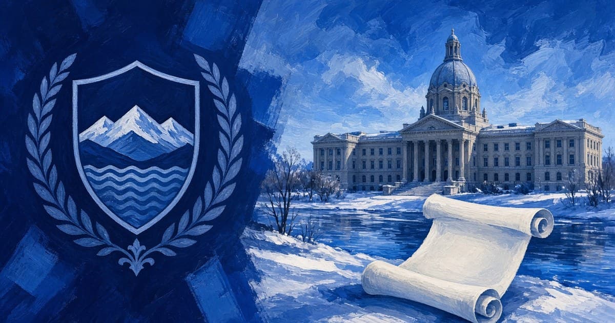 Editorial illustration of the Alberta Legislature and a royal-assent scroll