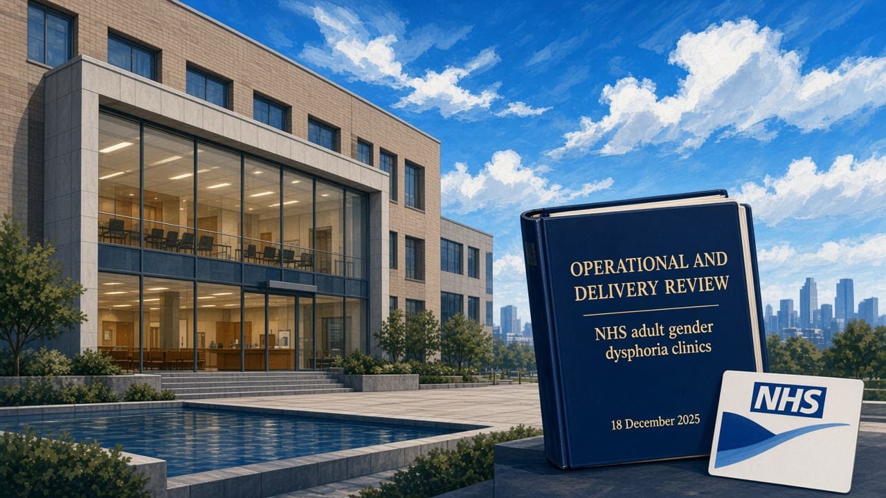 Editorial illustration of an NHS clinic building and Levy’s operational review binder dated 18 December 2025