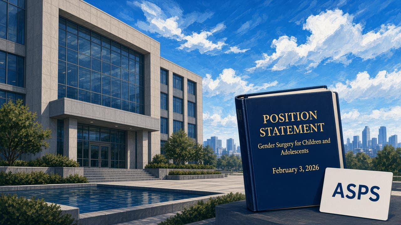 Editorial illustration of a medical-society building and an ASPS position-statement binder dated February 3, 2026