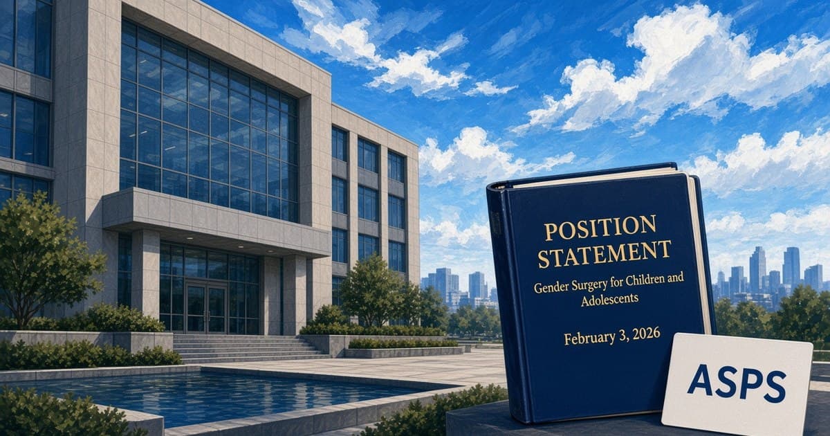 Editorial illustration of a medical-society building and an ASPS position-statement binder dated February 3, 2026