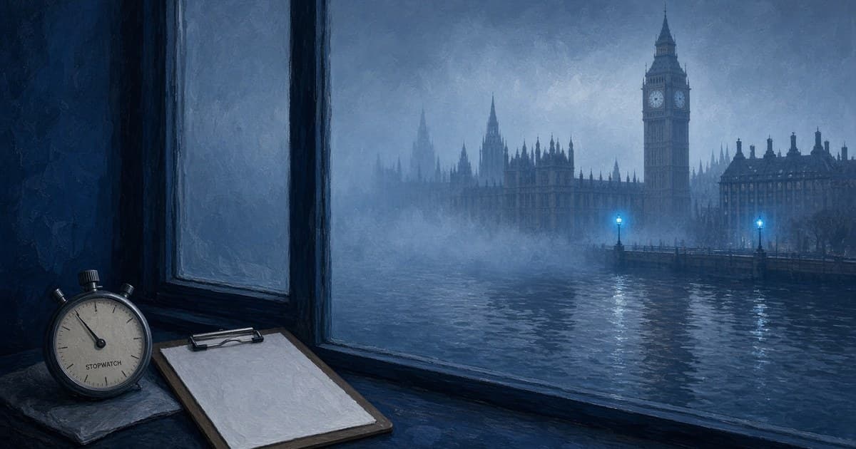 Editorial illustration of the Houses of Parliament across the Thames and a paused stopwatch