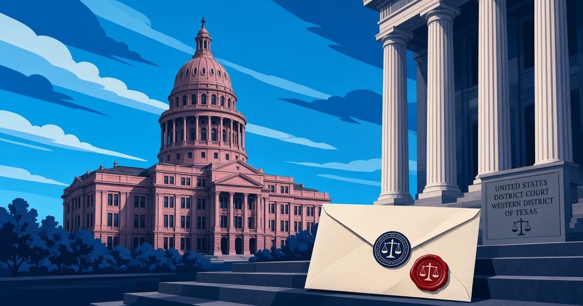 Editorial illustration of the Texas State Capitol and a sealed legal envelope