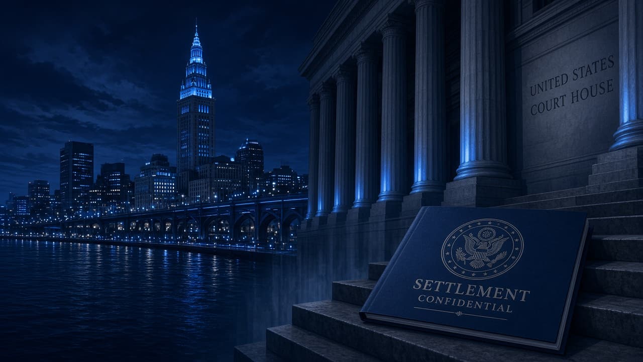 Editorial illustration of a nighttime courthouse and a confidential settlement book