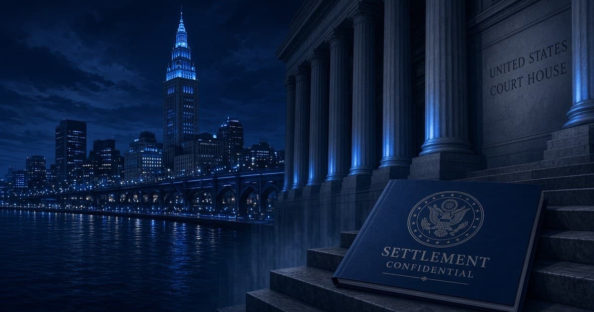 Editorial illustration of a nighttime courthouse and a confidential settlement book