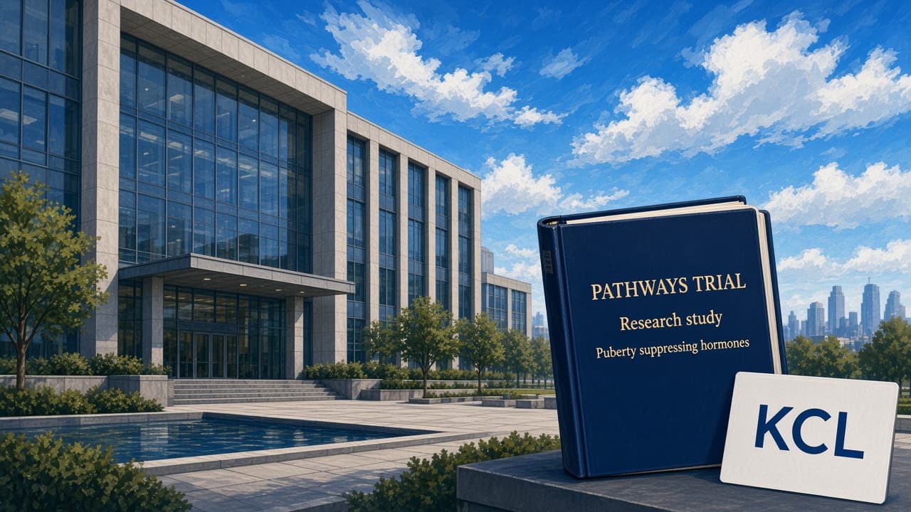 Editorial illustration of a research campus and a PATHWAYS trial protocol binder
