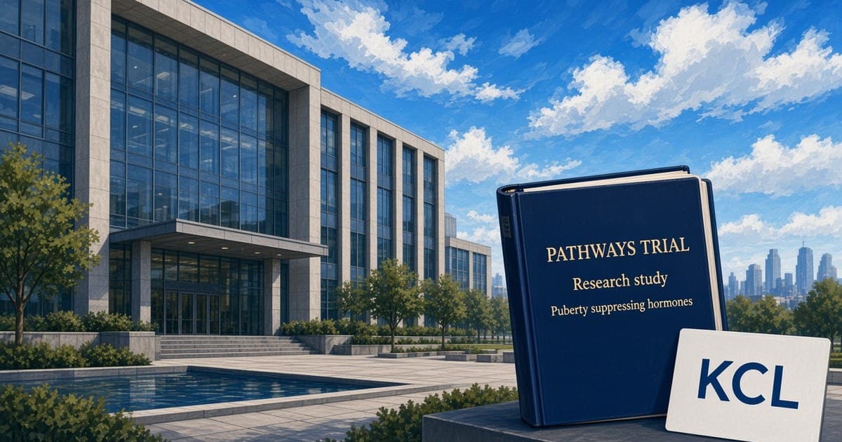 Editorial illustration of a research campus and a PATHWAYS trial protocol binder