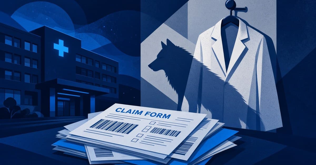 Editorial illustration of an empty white coat, wolf silhouette, and claim forms