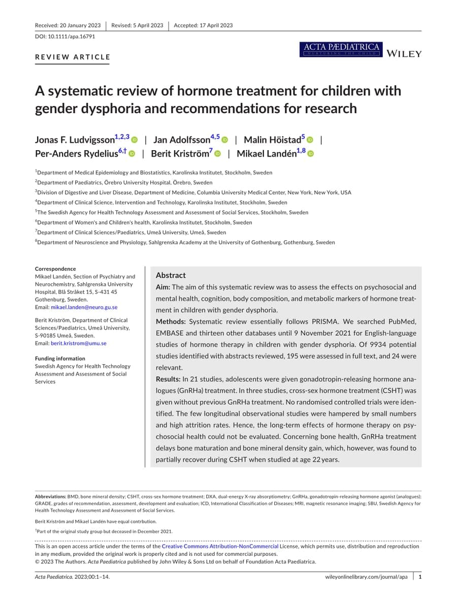 First page of Ludvigsson et al., Acta Paediatrica 2023, systematic review of hormone treatment for children with gender dysphoria